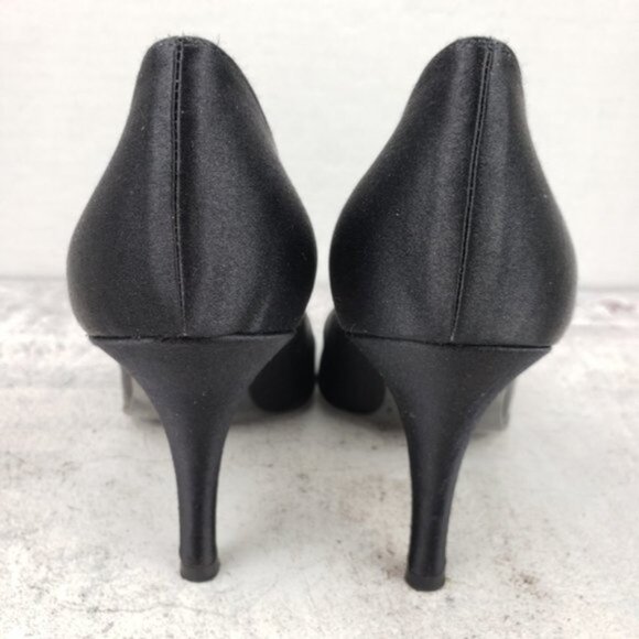 Stuart Weitzman Black Satin Heels Pumps Peep Toe Evening Shoes size 7 - Picture 5 of 8